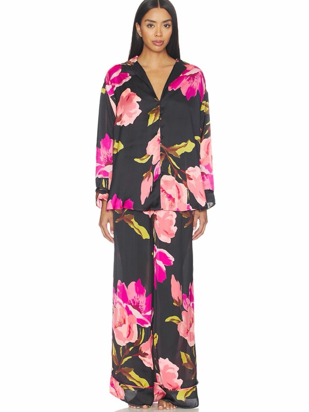 Free People Black Satin Floral Two-Piece Pajama Set with Pink and Green Flowers